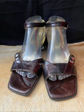 Women's Dark Brown Leather Open-Toe Sandals with Ankle Strap